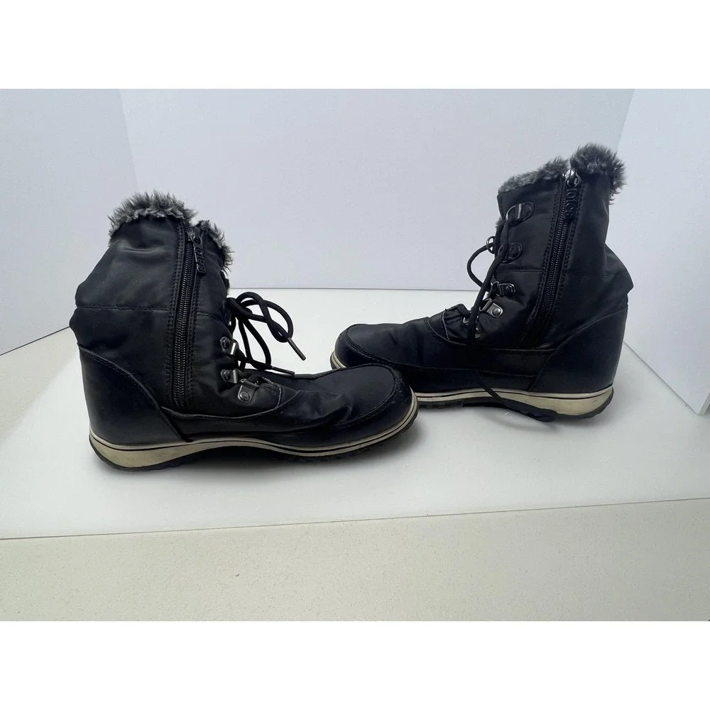 Totes Snow‎ Boots Womens Size 7 Black Faux Fur Lined Mid Calf Zip Lace Winter